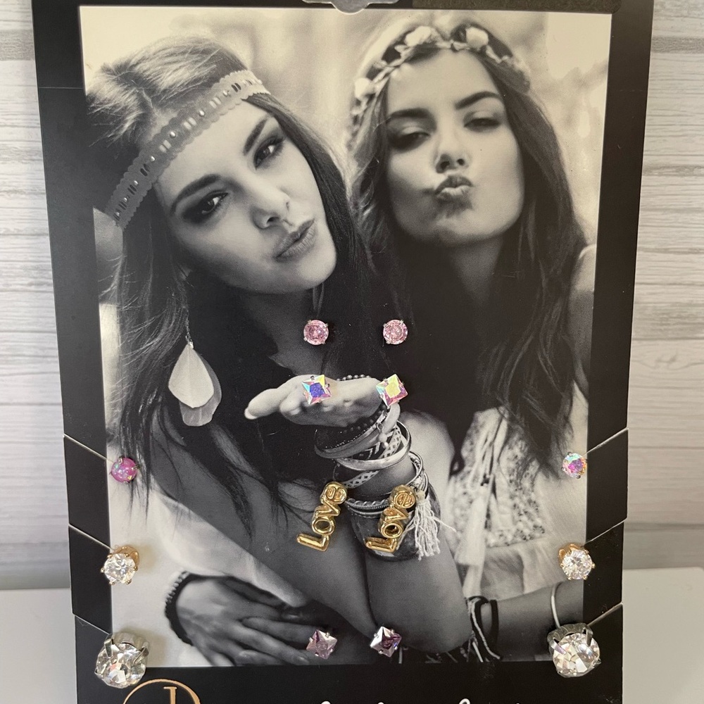 Gold 'Love' Charm and Pink Crystal Stud Earring Set
